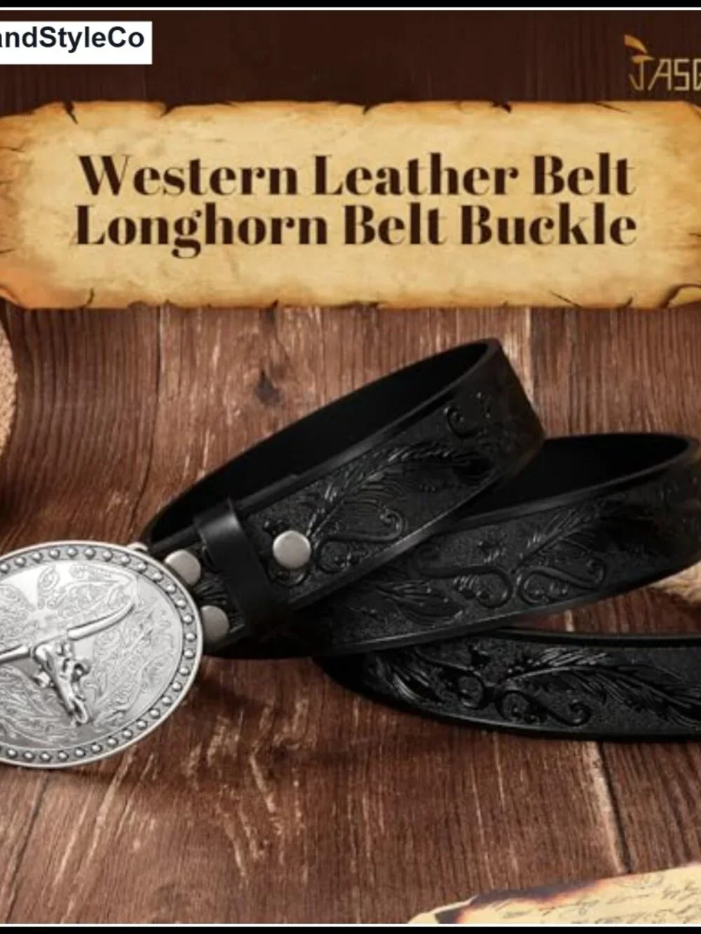 Western Leather Belt with Removable Floral Engraved Buckle for Men Women